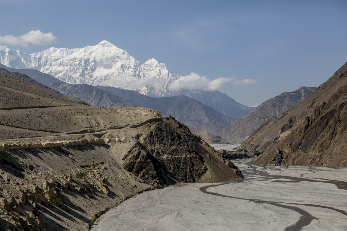 Looking back to Kagbeni and Jomsom on the road in Upper Mustang, Nepal