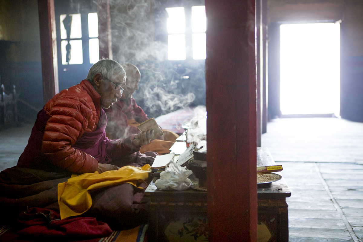 Monks perform a ceremony at one of the monasteries in Lo Monthang.