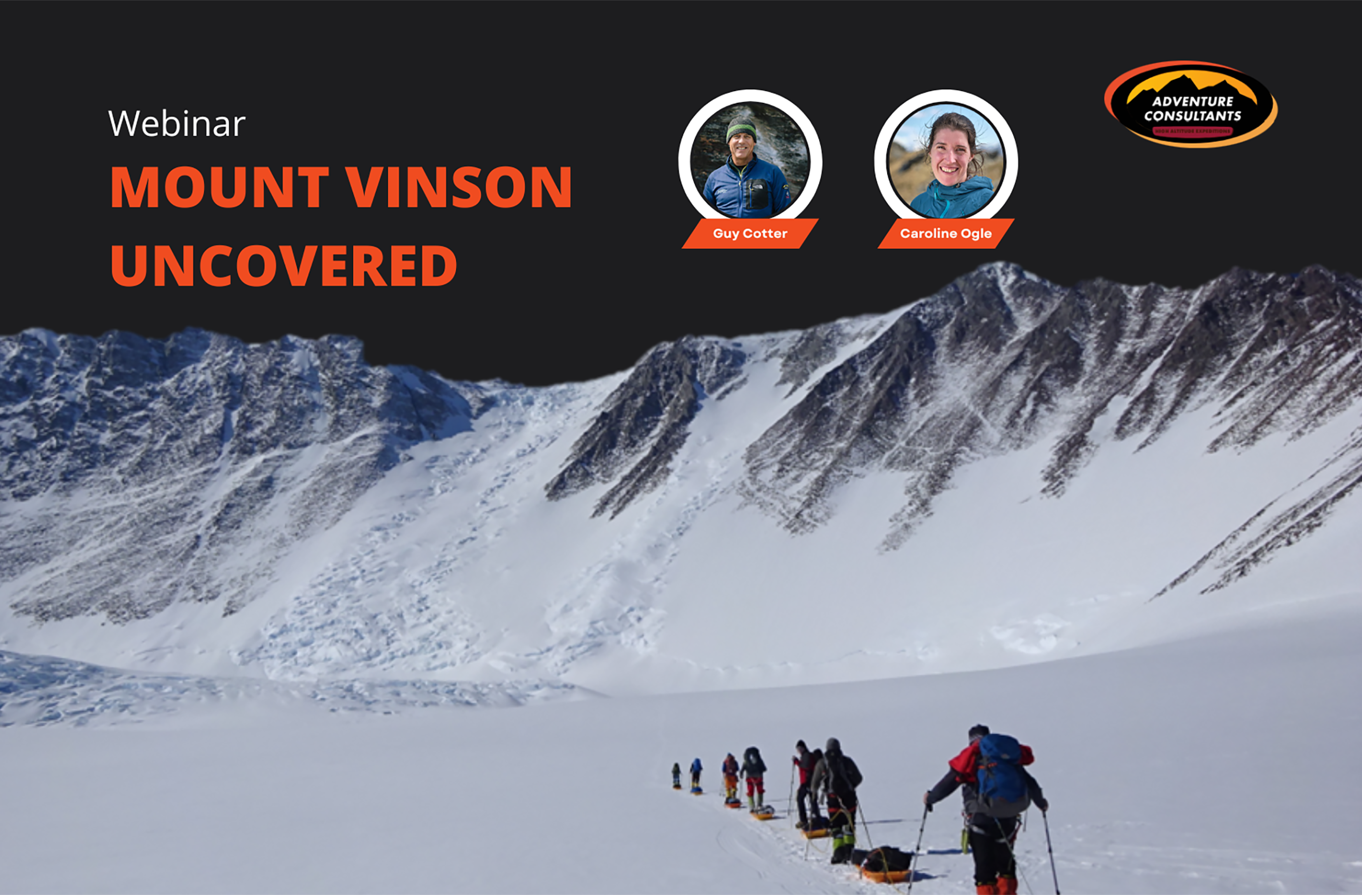 A team hauls sleds to low camp on Mount Vinson. Join the Mount Vinson Uncovered Webinar to learn more about this exciting, remote expedition!