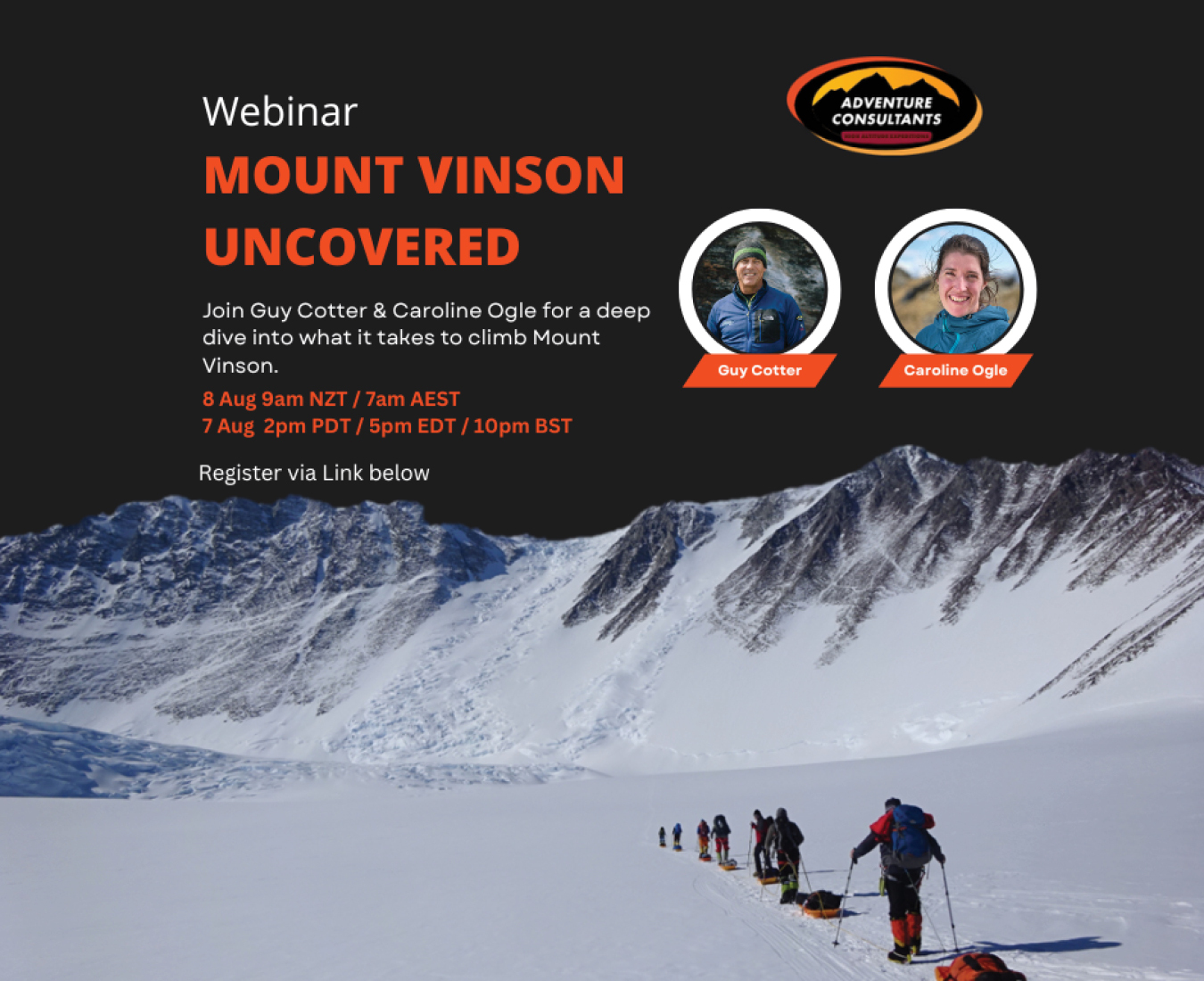 A team hauls sleds to low camp on Mount Vinson. Join the Mount Vinson Uncovered Webinar to learn more about this exciting, remote expedition!