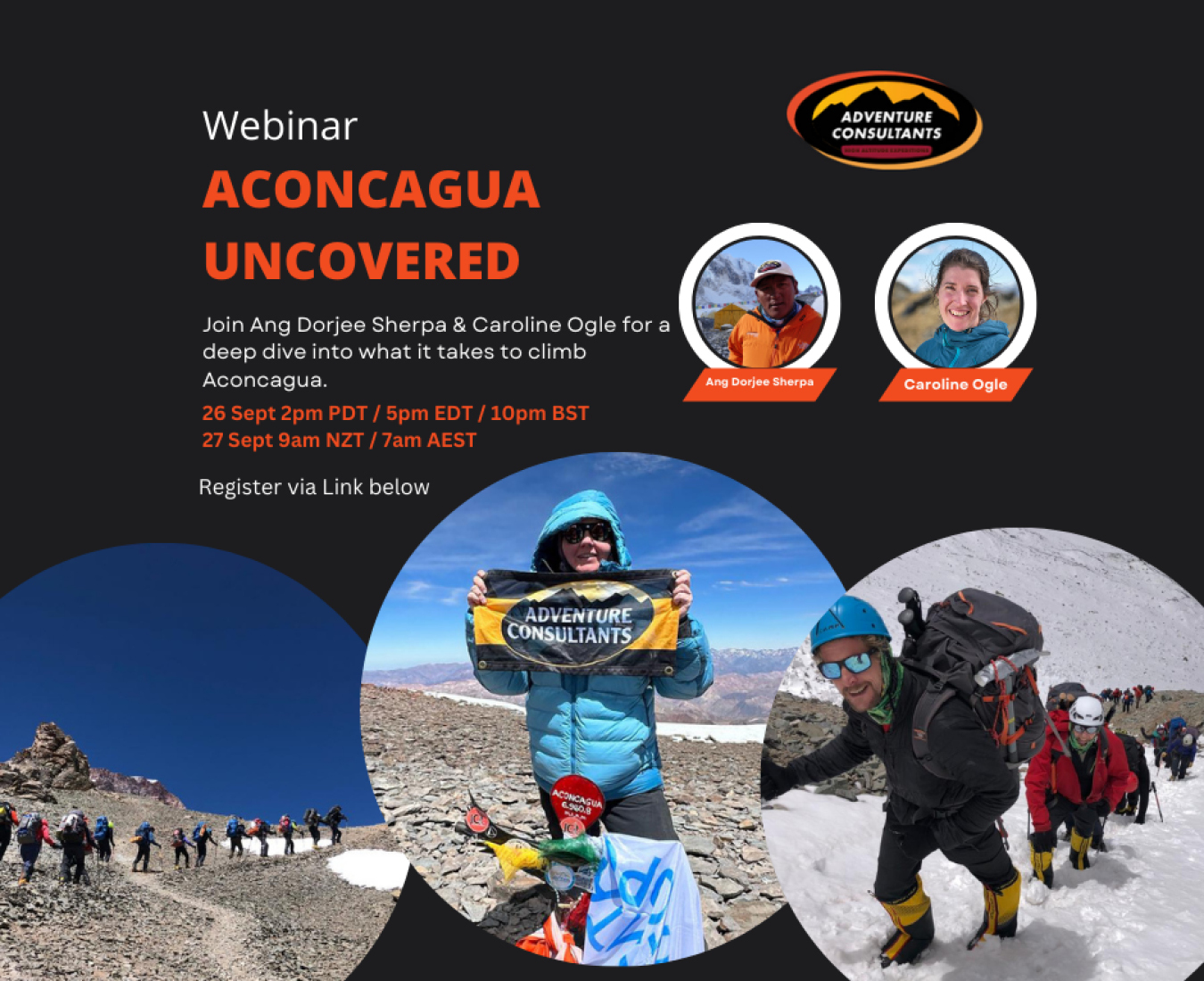 Details on the AC Aconcagua Uncovered Webinar hosted Ang Dorjee Sherpa, AC Guide, and Caroline Ogle, AC General Manager covering everything you need to know about climbing Aconcagua.