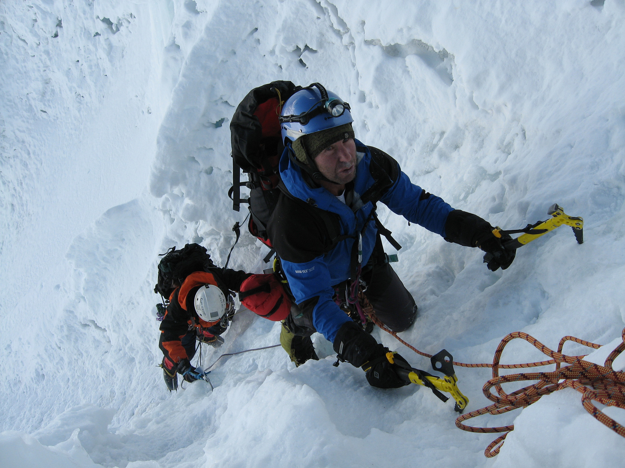 Alpamayo summit day, dual ice tool climbing up a snow flute