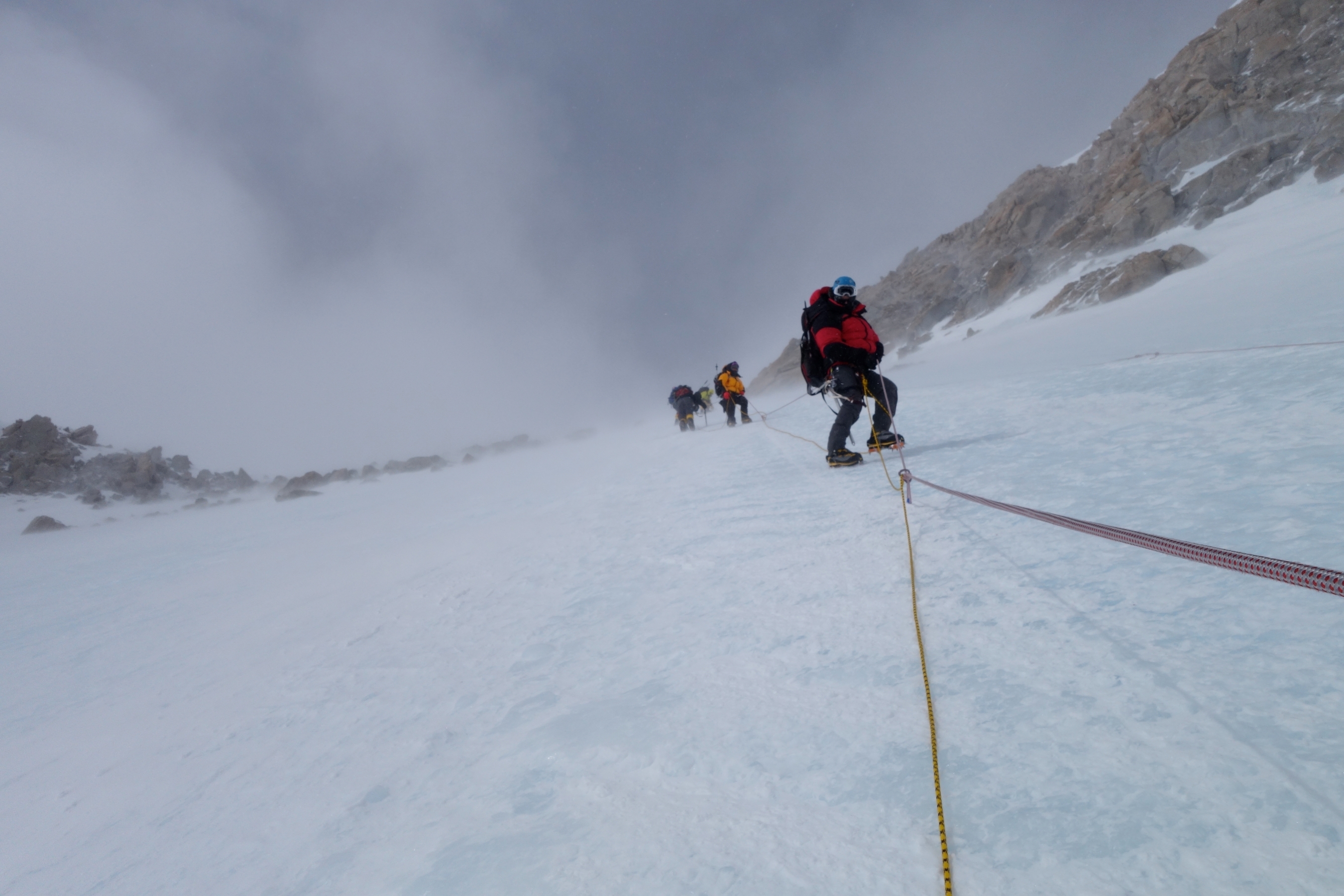 Looking down a steep fixed rope line on Denali.