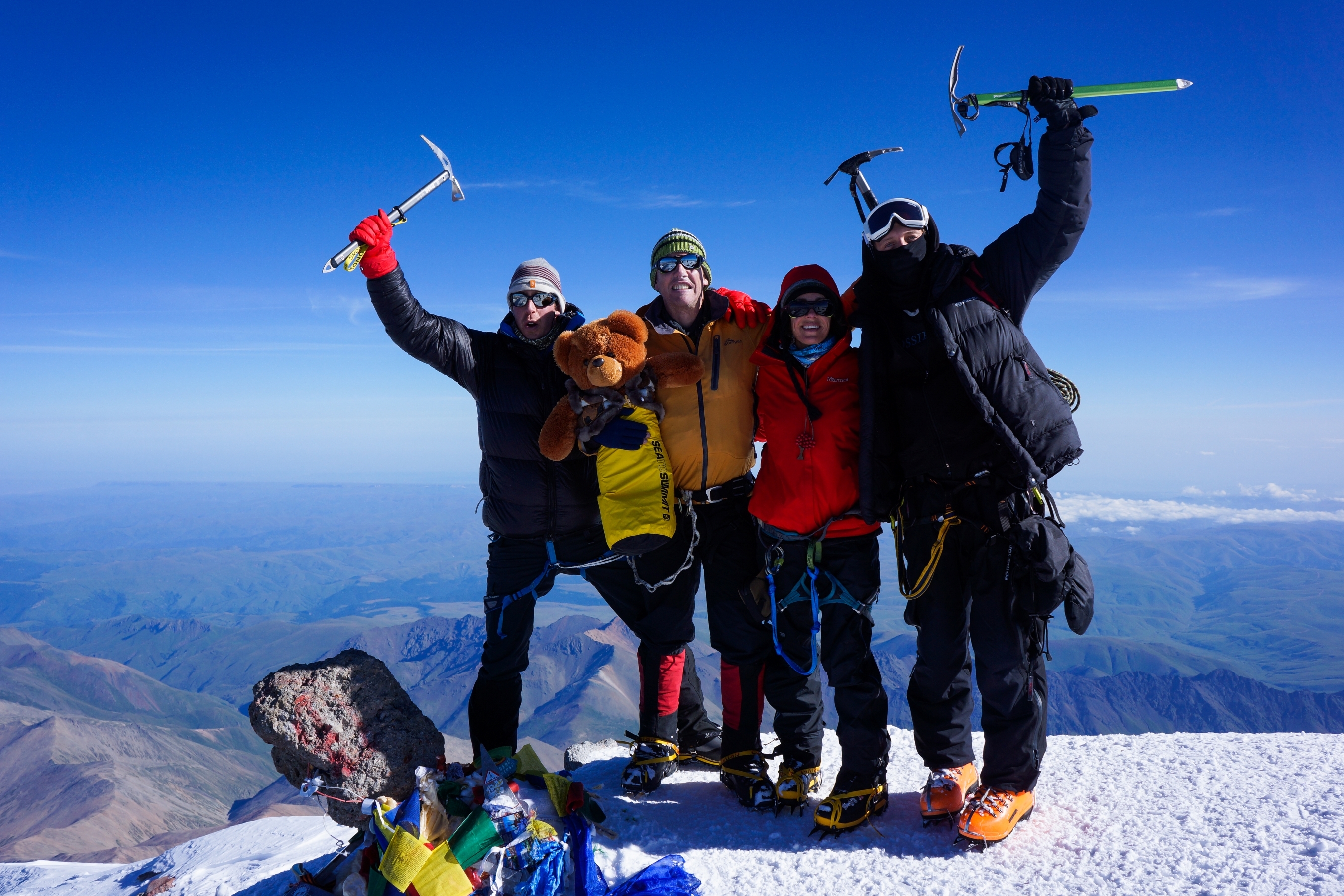 Climbers with Teddy on summit of Elbrus
